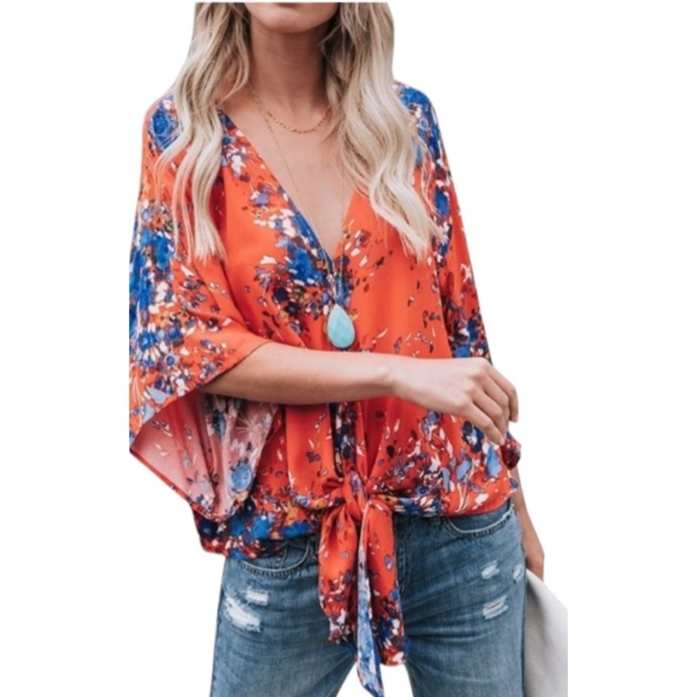 Floral Tie Front Bat Wing Blouse Orange Size M